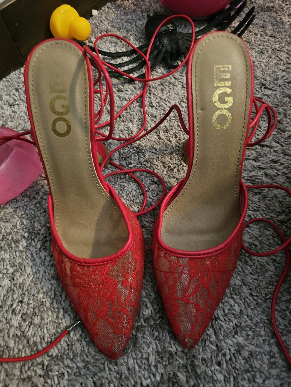 Ego Red Lace Pointed-Toe Lace-Up Heels